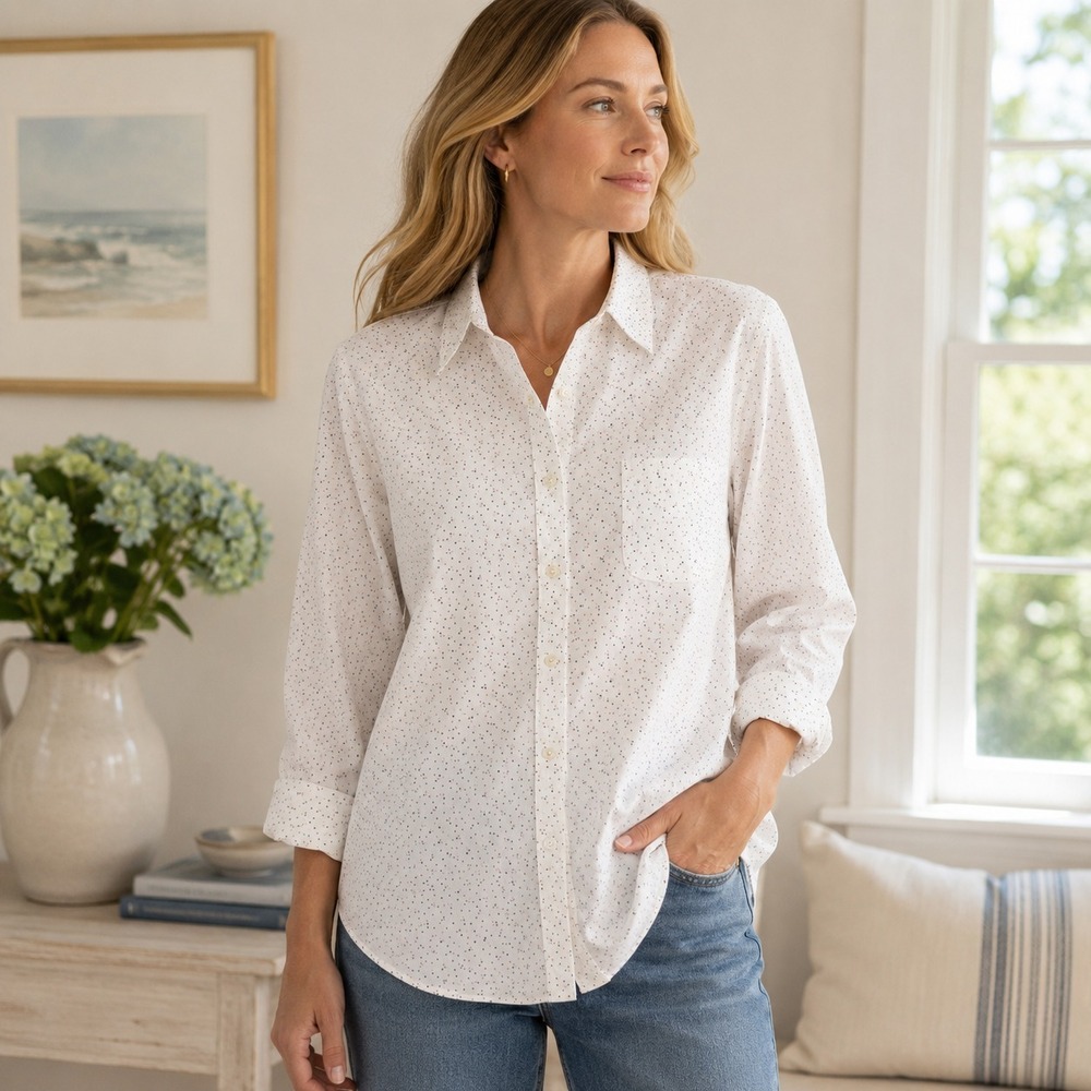 LL Bean Womens Wrinkle Free Button Front Shirt Sz XL White Polka Dot Cotton Top